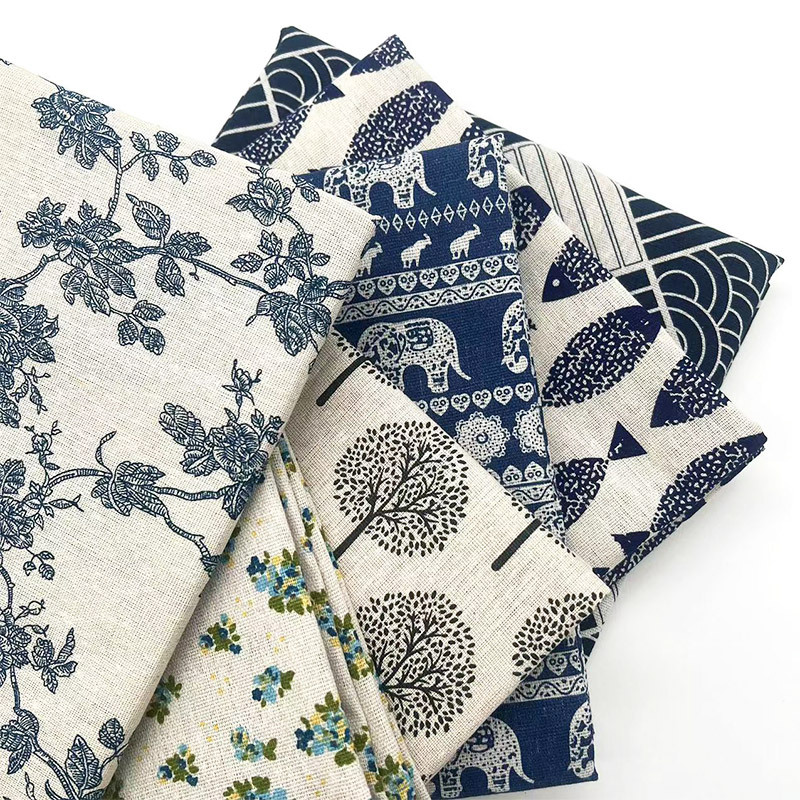 Linen Table Runner - Kain Linen Katun Motif Bunga Biru